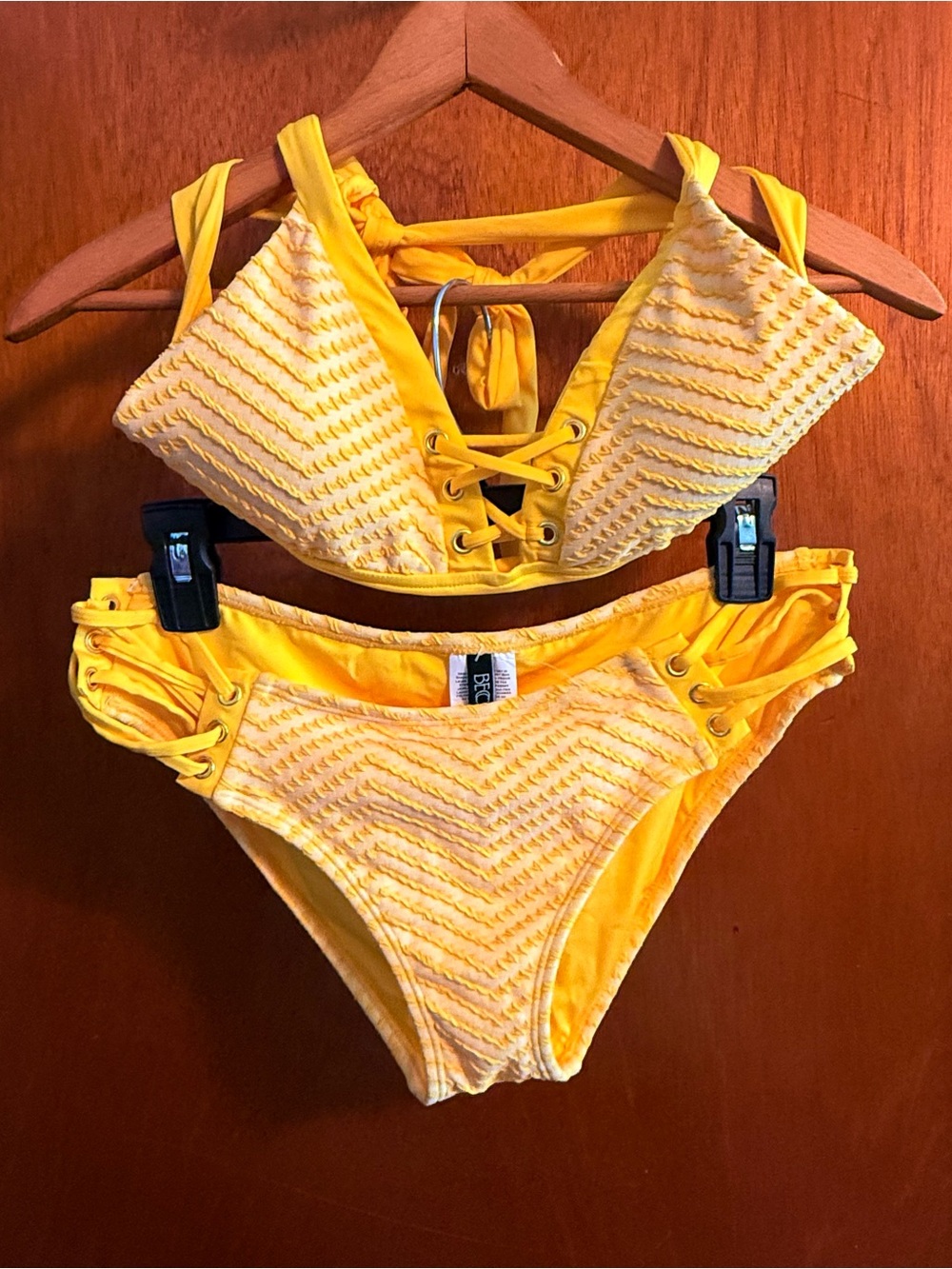 BECCA NEVER WORN  Yellow Lace-Up Textured Bikini Set